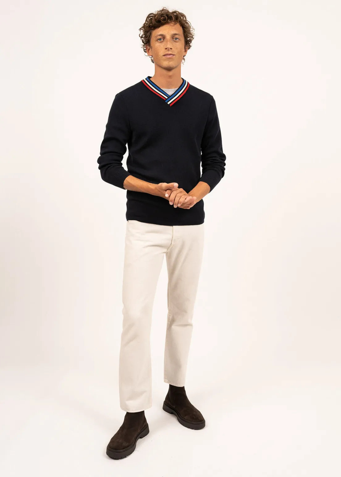 Wool jumper with contrasting V neck